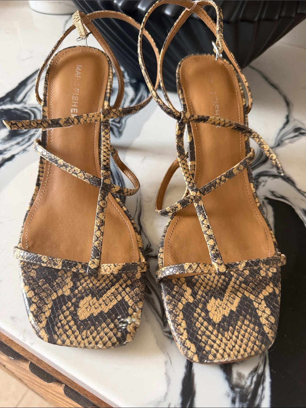 Marc Fisher Tan Snake-Print Strappy Sandals